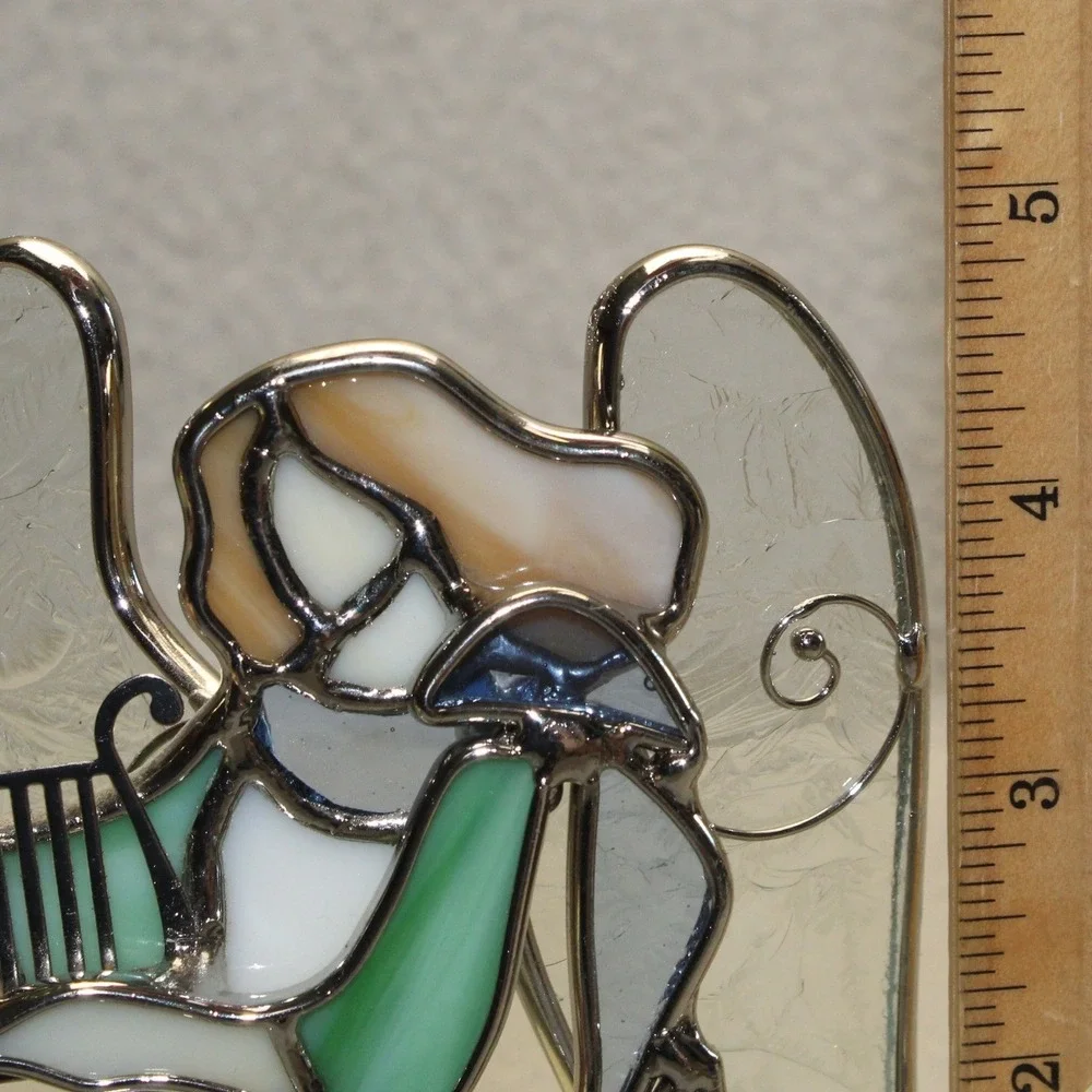 Stained Glass Angel Candle Holder Blue Green Harp Tea Light Religious Decor Vtg